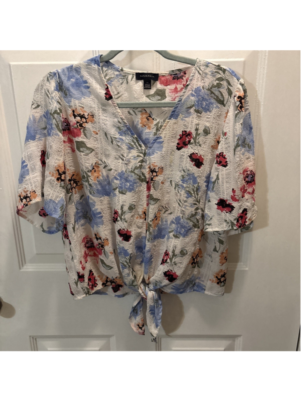 Tamara H Womens Floral Tie Front Top Short Sleeve Blouse L (1160)